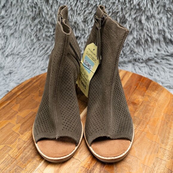 TOMS Women's Majorca Boots Size 9 Block Heel Open Toe Olive Green Suede Boho - Picture 3 of 7